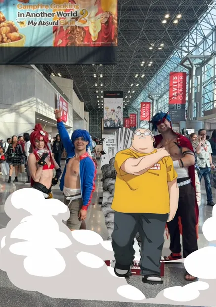 Cosplayers gathered around the activated standee in the convention hall
