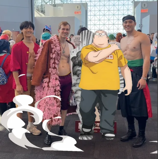 Cosplay group posing with the Sakamoto Days standee