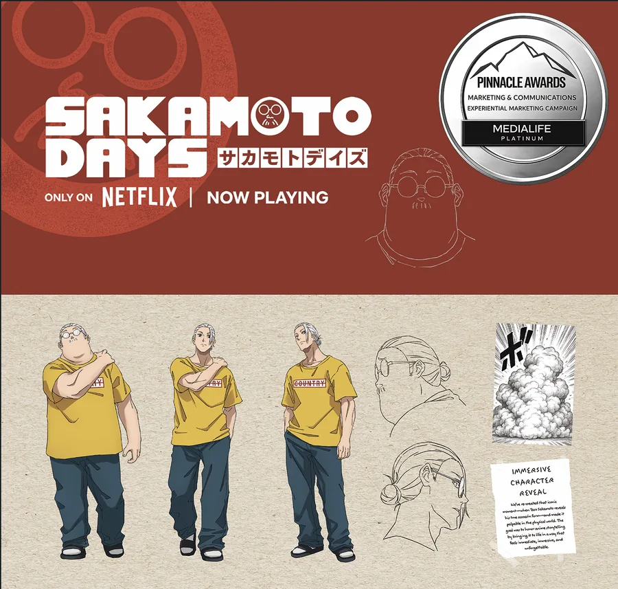 Sakamoto Days on Netflix — MEDIALIFE activated character standee artwork and the Platinum Pinnacle Award badge