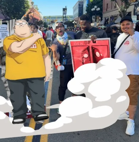 Crowd on the street with activated Sakamoto Days posters